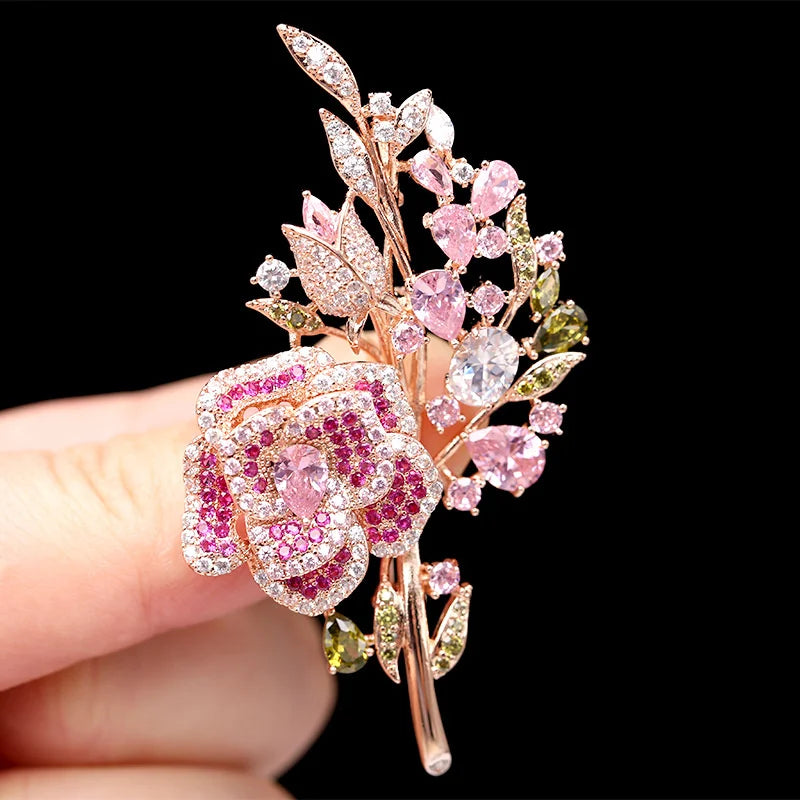 Vintage Rhinestone Rose Brooch Water Drop Crystal Flower Jewelry for Women Lady