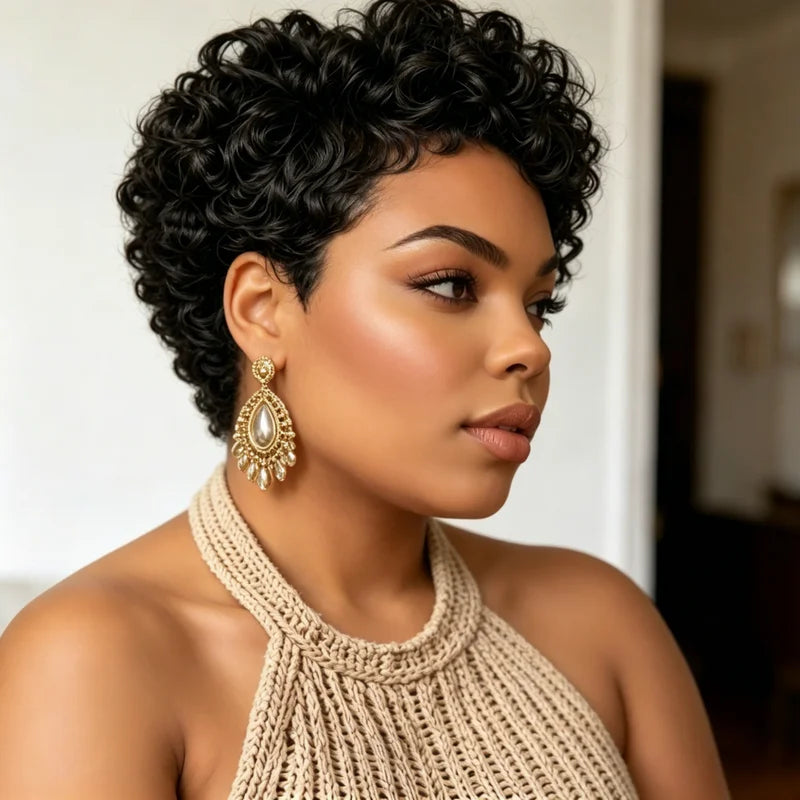 Short Pixie Human Hair Wig for Women Curly Wavy Bob Cut with Bangs