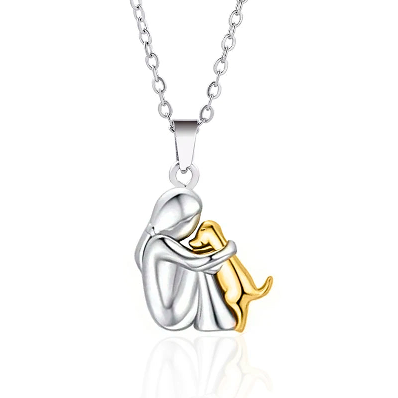 Cute Two Tone Girl Hugged Dog Necklace Pendant Jewelry for Women & Pets