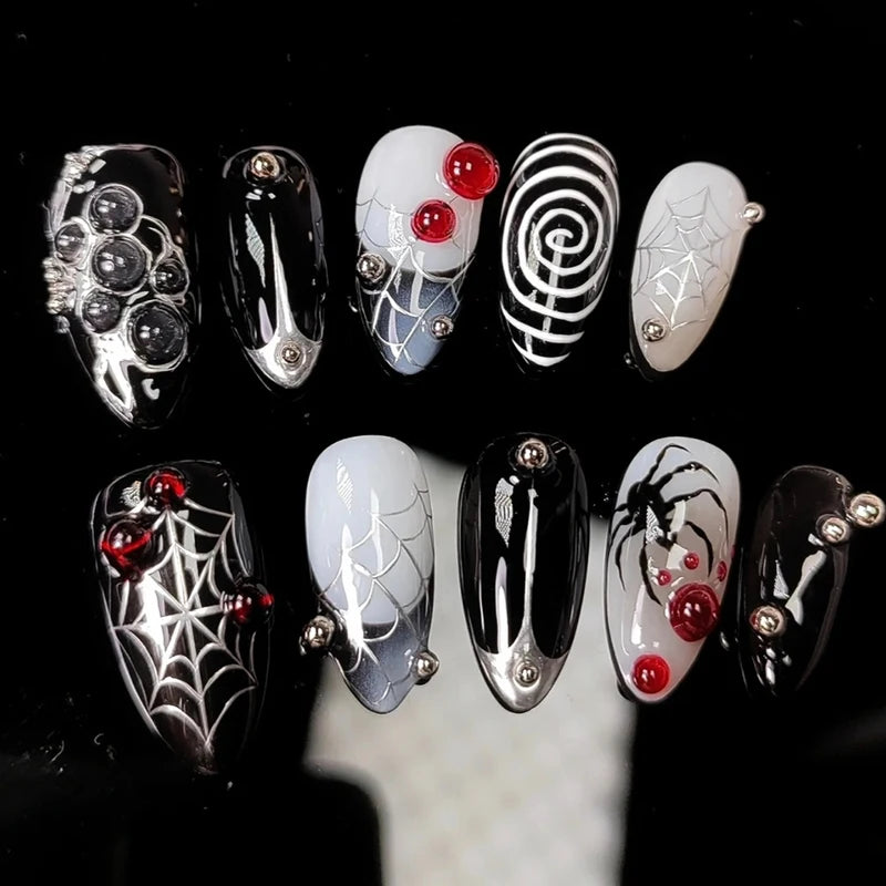 30PCS Halloween Spider Web False Nails French Tips Medium Almond for Women