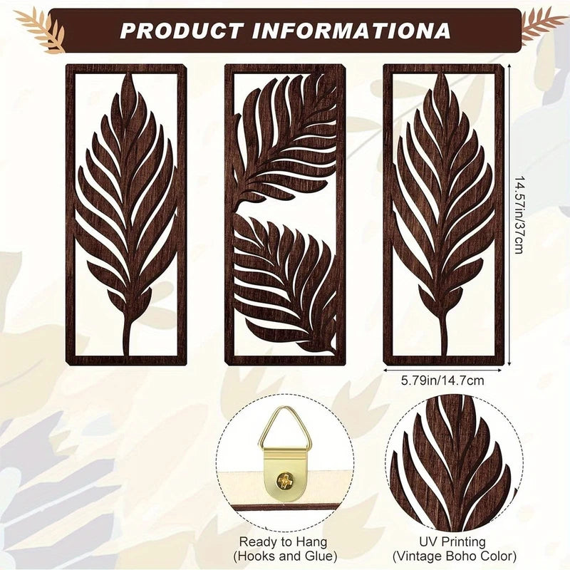 14-inch Wooden Leaf Wall Decor Set - Bohemian Tropical Style, Indoor & Outdoor Hanging
