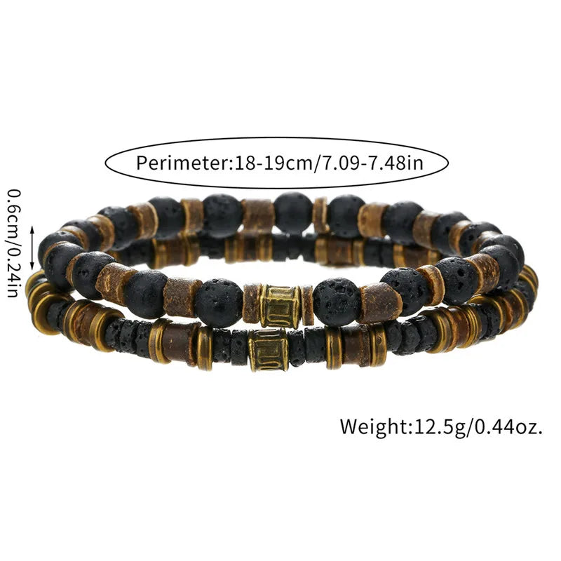 Wood Braided Leather Bracelets for Men 2-Pack Vintage Stone Jewelry Set