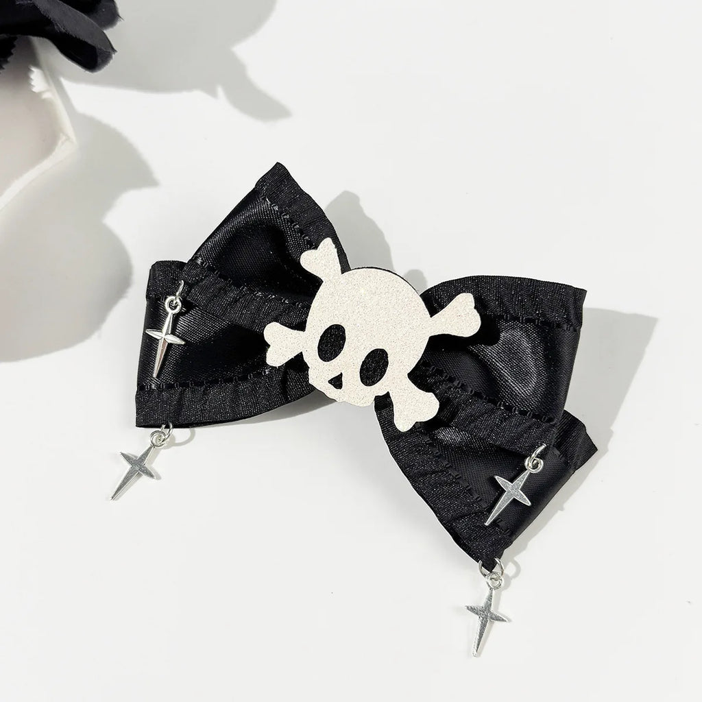 Halloween Gothic Hair Clips Set - Skull & Cross Design, Black Bow Accessories
