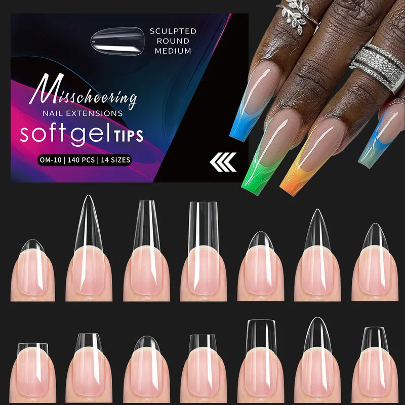 120/140pcs Almond Stiletto Fake Nail Tips - Clear Soft Nail Extensions for DIY Manicure