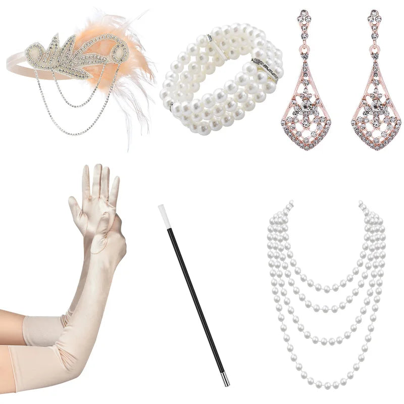 1920s Gatsby Costume Jewelry Set with Headband Gloves Earrings Necklace for Halloween Party