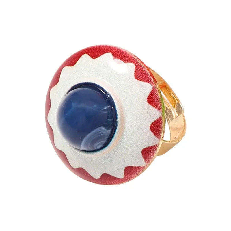 Retro Bohemian Floral Enamel Adjustable Ring Set - Heart Square Round Jewelry