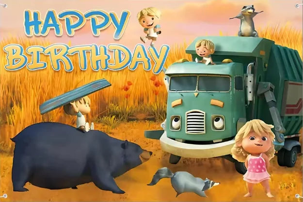 Kids Birthday Party Decorations Set with Trash Truck Cartoon Backdrop, Balloons, Plates, Cups & Napkins