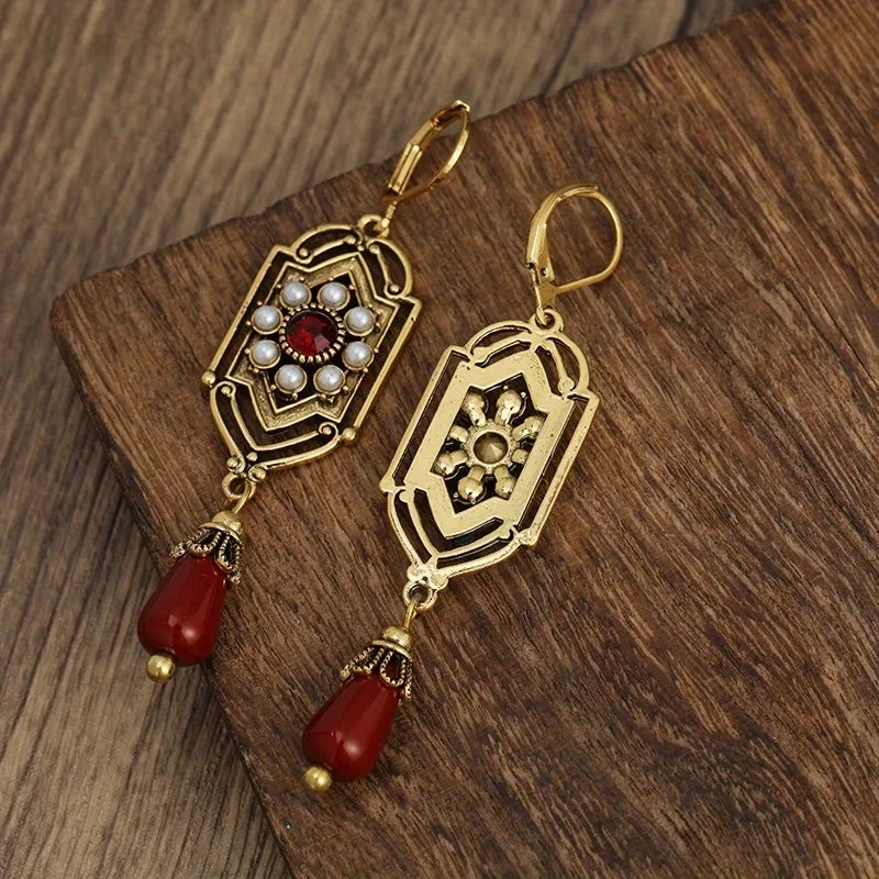 Vintage Women Earrings Gold Square Red Stones Imitation Pearl Party Jewelry