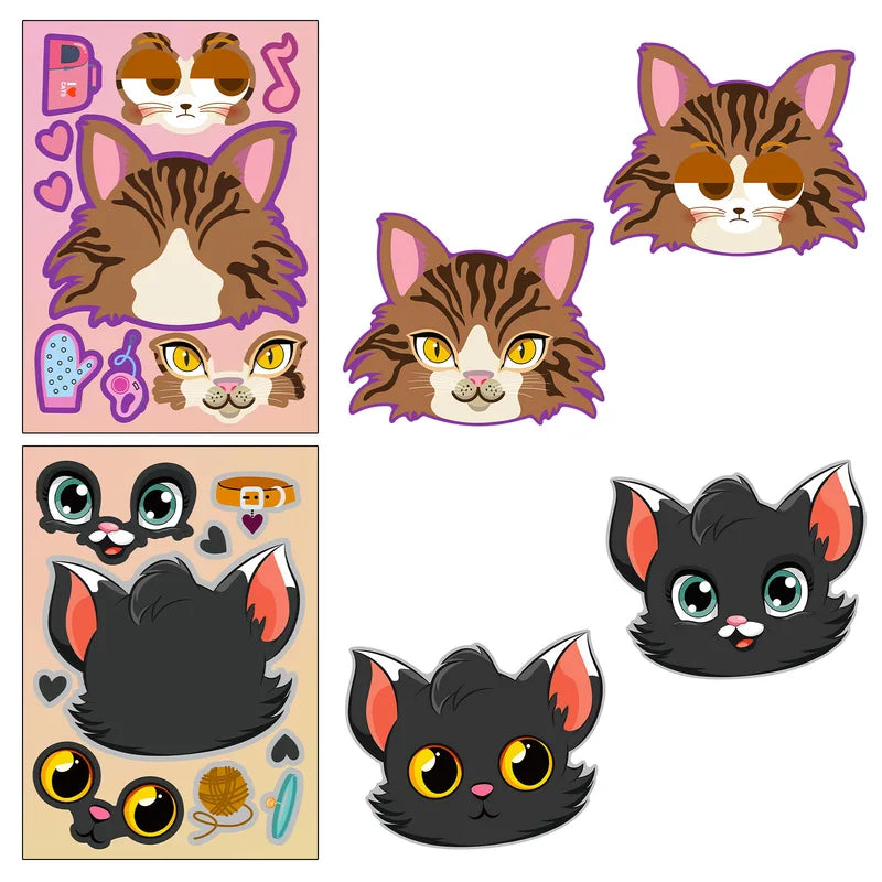 6pcs Cartoon Cat Face Changing Puzzle Stickers Kids DIY Face Toy Animal Accessories