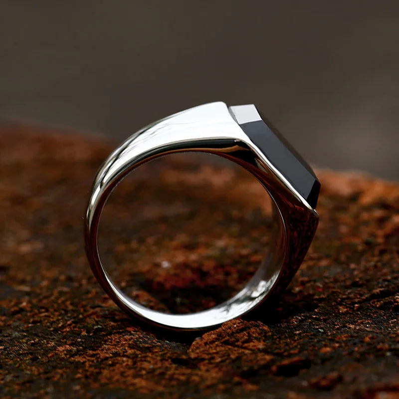 Stainless Steel Zircon Black Agate Ring for Men Women - Wedding Jewelry Gift