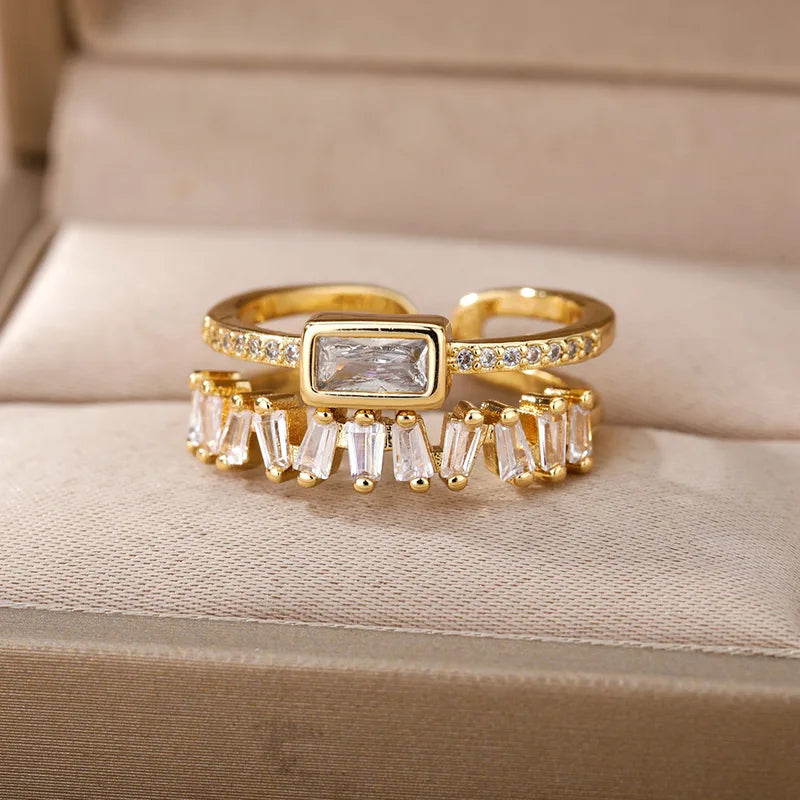 Elegant Irregular Double Layer Zircon Ring for Women Stainless Steel Gold Plated Wedding Open Finger Ring
