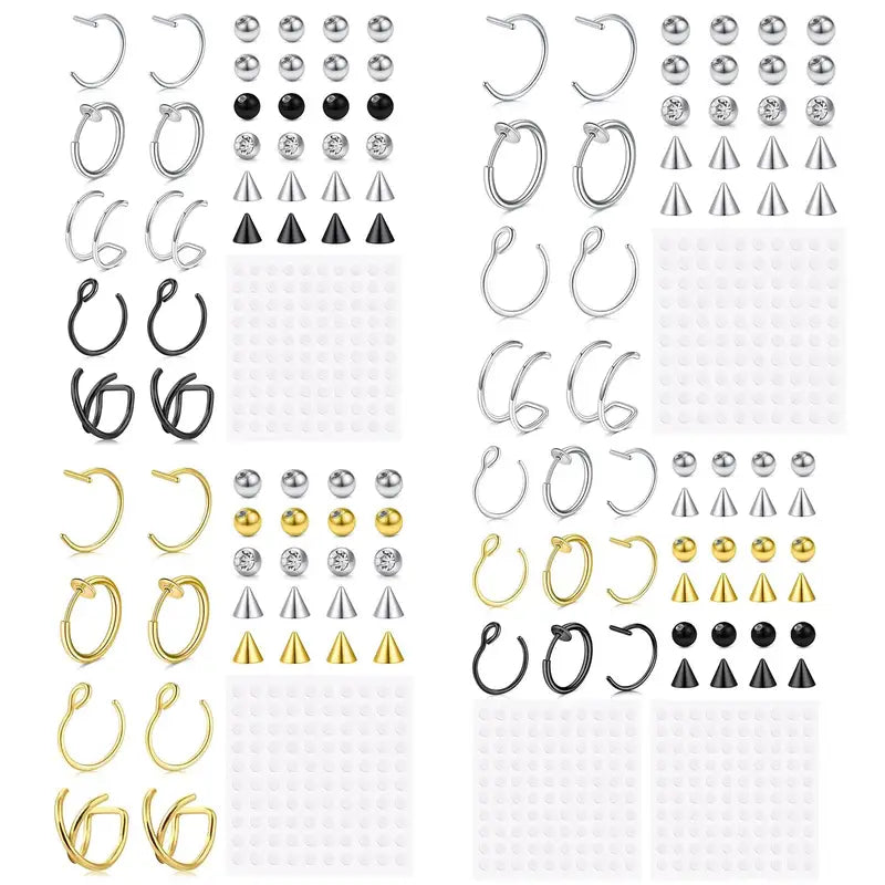Fake Piercings Set - Lip, Nose, Eyebrow Hoop and Snake Bites Jewelry