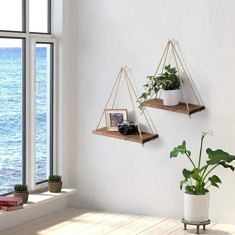 Wooden Floating Wall Shelf with Rope Hangings for Home Decor and Plant Display