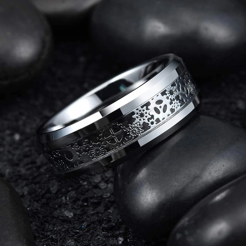 Vintage Men Steampunk Gear Wheel Stainless Steel Celtic Dragon Ring Black Carbon Fiber Wedding Band