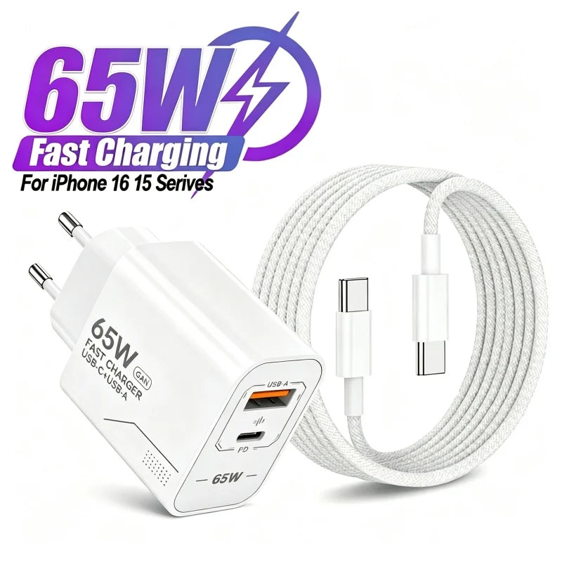 GaN Fast Charging 65W USB-C Wall Charger EU KR US PD 3.0 Quick Charge for Smartphones