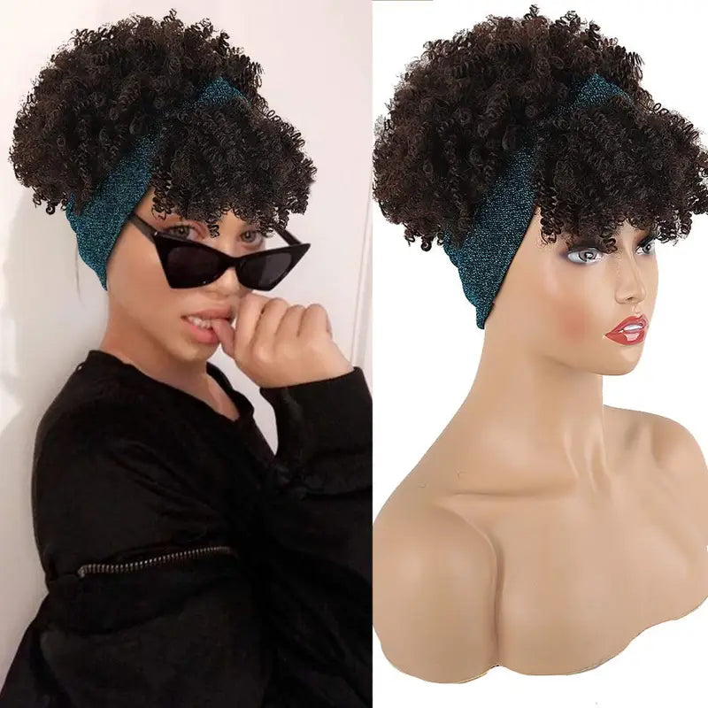 Black Women's Curly Hair Wig with Headscarf and Tassel - Short Synthetic African Style