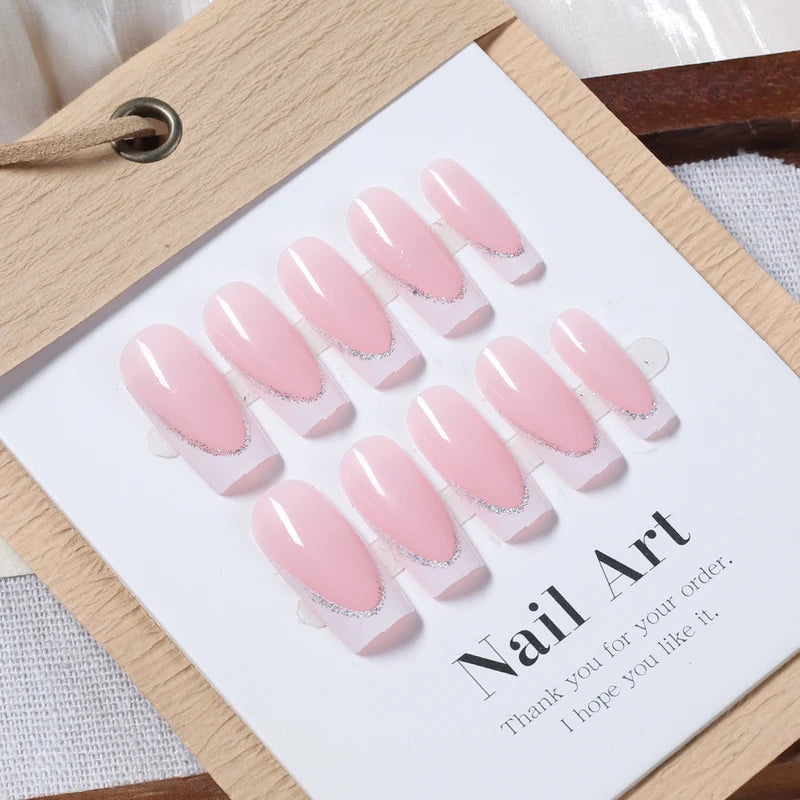 24Pcs Short Square Coffin Fake Nails with French Glitter Acrylic Full Cover for Women