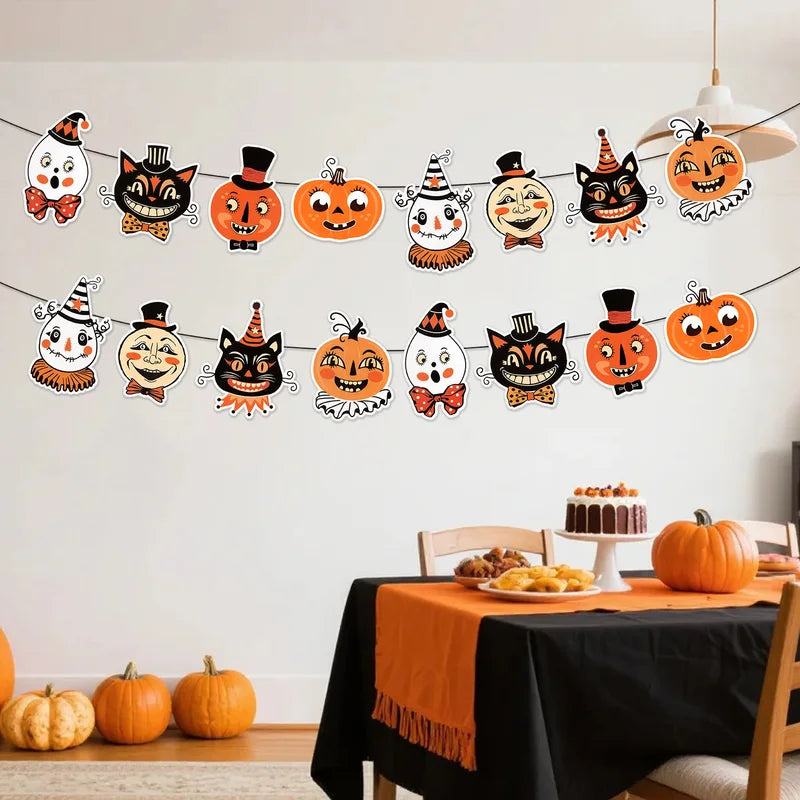 Halloween Banner Spooky Pumpkin Ghost Witch Black Cat Bunting - Holiday Home Decorations