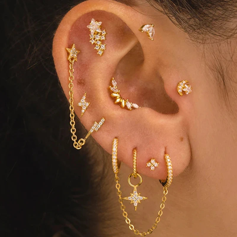 Sterling Silver Multi Piercing Stud Earrings for Women - Geometric Tassel Jewelry