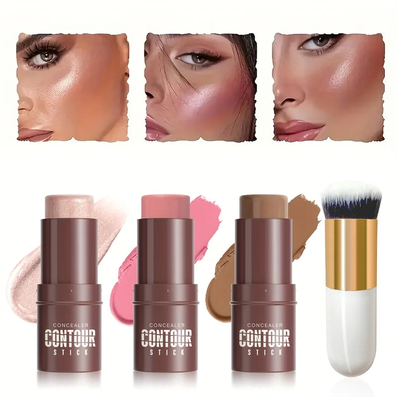 4-Piece Cream Contour and Blush Stick Kit with Contour Brush - Non-Greasy Face Makeup