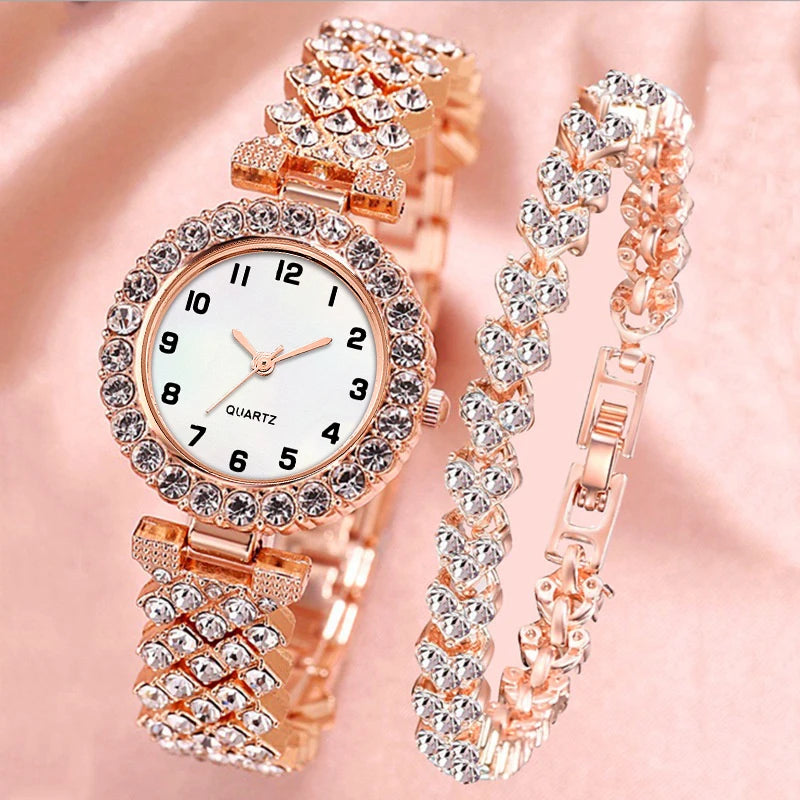 Luxury Rhinestone Women Watch Bracelet Set - Ladies Quartz Wristwatch & Jewelry