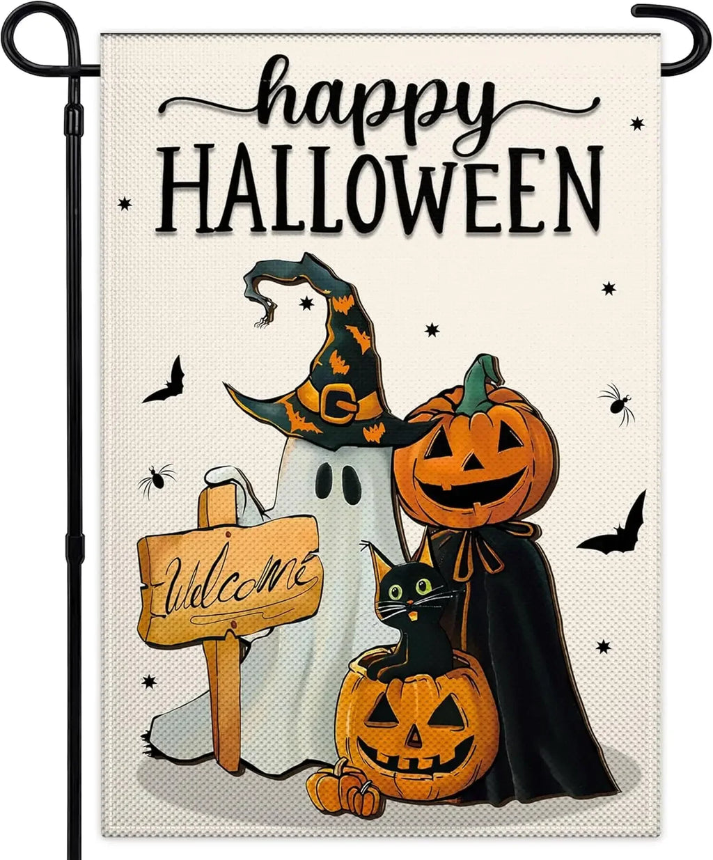 Halloween Garden Flag with Ghost Jack-o'-Lantern Bat Pumpkin and Flowers - Polyester Outdoor Decor