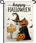 Halloween Garden Flag with Ghost Jack-o'-Lantern Bat Pumpkin and Flowers - Polyester Outdoor Decor