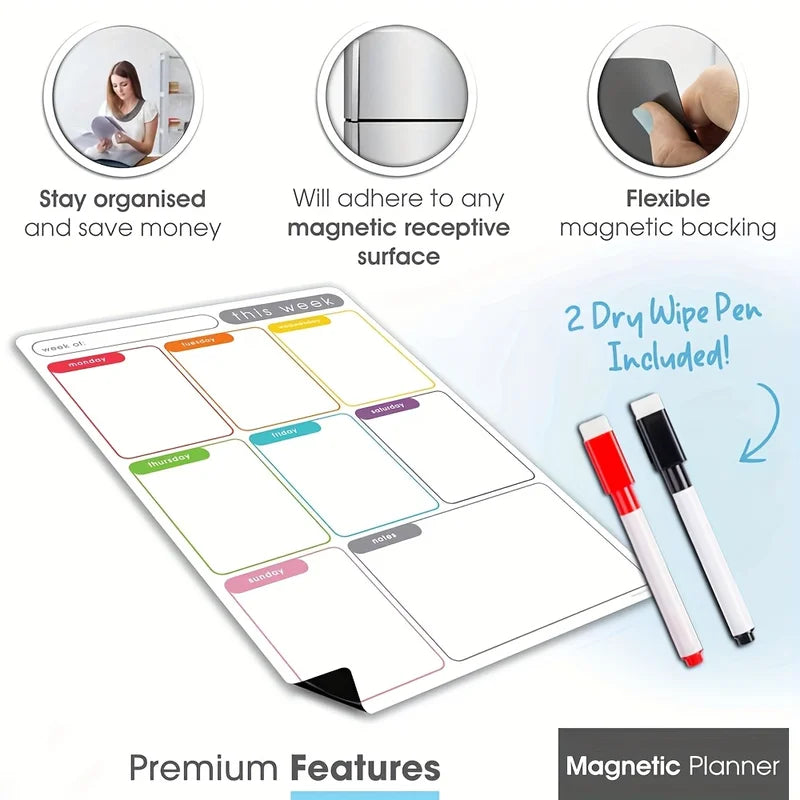Magnetic Weekly Planner Erasable Fridge Calendar Whiteboard with Markers - Home & Office Organizer