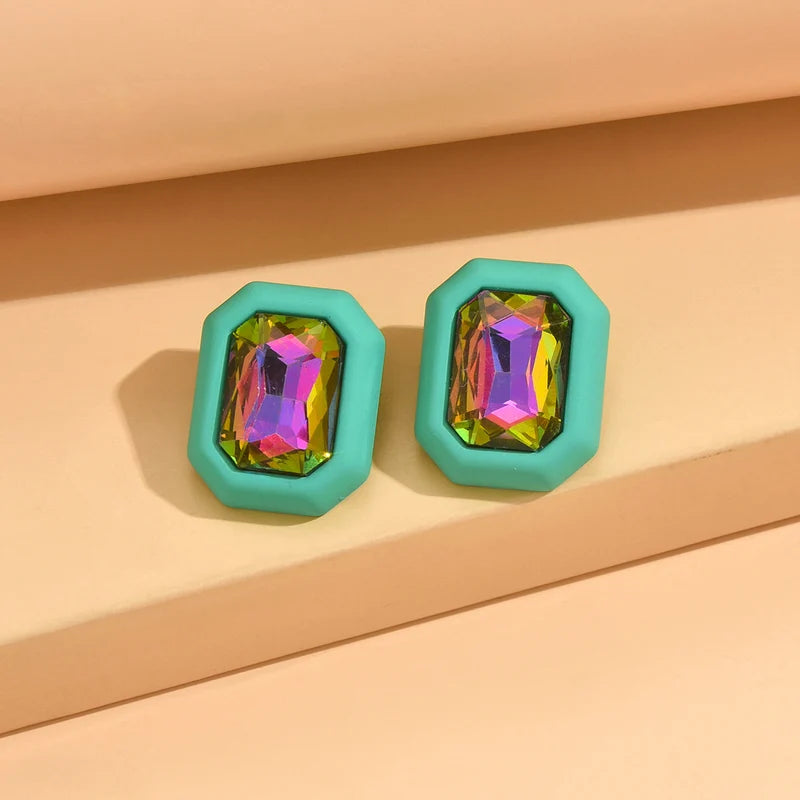 Square Geometric Stud Earrings for Women Colorful Rhinestone Jewelry - Party & Fashion