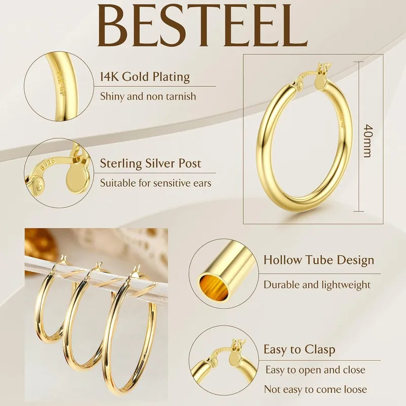 Chunky Hoop Earrings for Women 14K Gold Plated Hypoallergenic Lightweight Jewelry