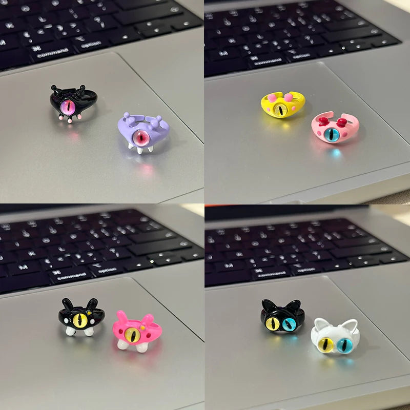 Anime Monster Eyes Shape Adjustable Finger Ring - Cartoon Animal Ear Design
