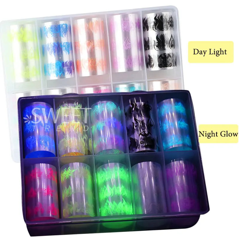 Fluorescent Fire Flame Nail Transfer Foils - Neon Sparkle Nail Art Stickers, Halloween Series