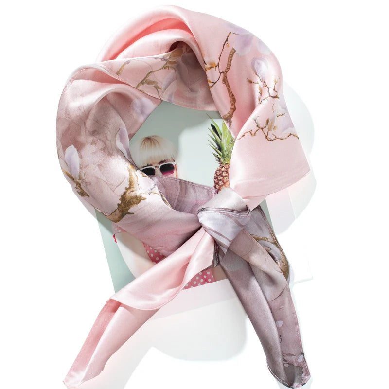 Women Silk Scarf with Floral Design - Sun Protection & Beach Wrap