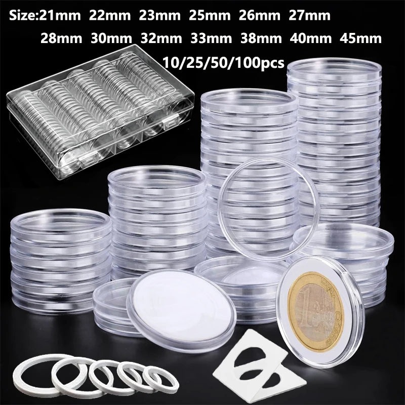 Clear Plastic Coinning Capsule Storage Box - Coin Holder & Protector 10-100pcs