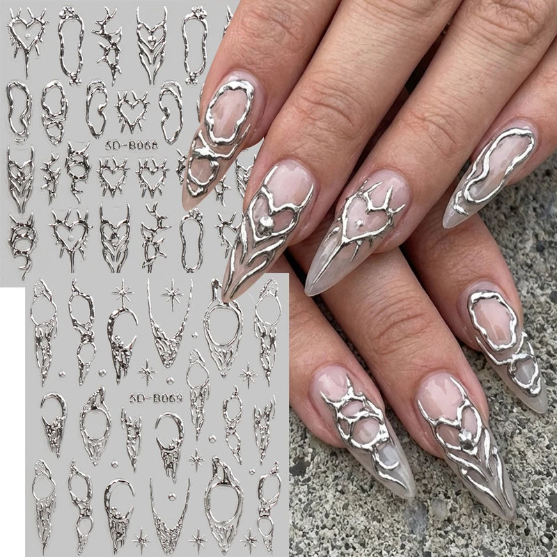 Vintage Thorns Y2K Nail Art Stickers - 5D Embossed Gold Silver Moon Star Decals