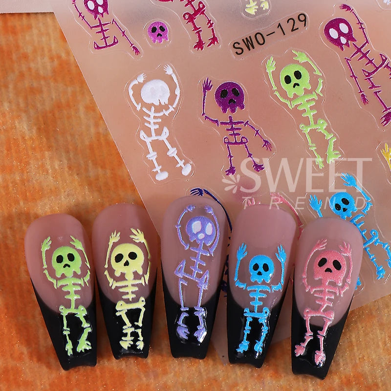 2pcs Skeleton Halloween Nail Stickers Cartoon Skull Head Textured Decals DIY Manicure Accessories