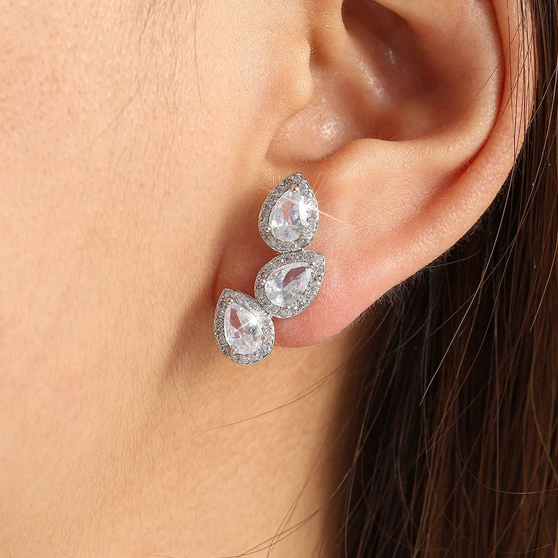 Luxury Zircon Leaf Stud Earrings for Women - Crystal Water Drop Ear Jewelry