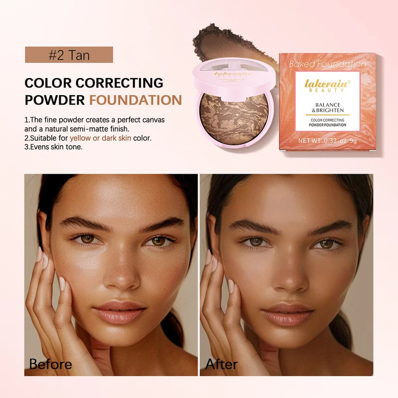 Oil Control Baked Powder Foundation with Contour and Shimmer for Flawless Face Makeup
