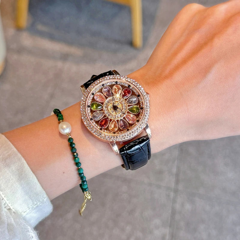 Women's Quartz Watch with Colorful Rhinestone Inlay and Rotatable Dial