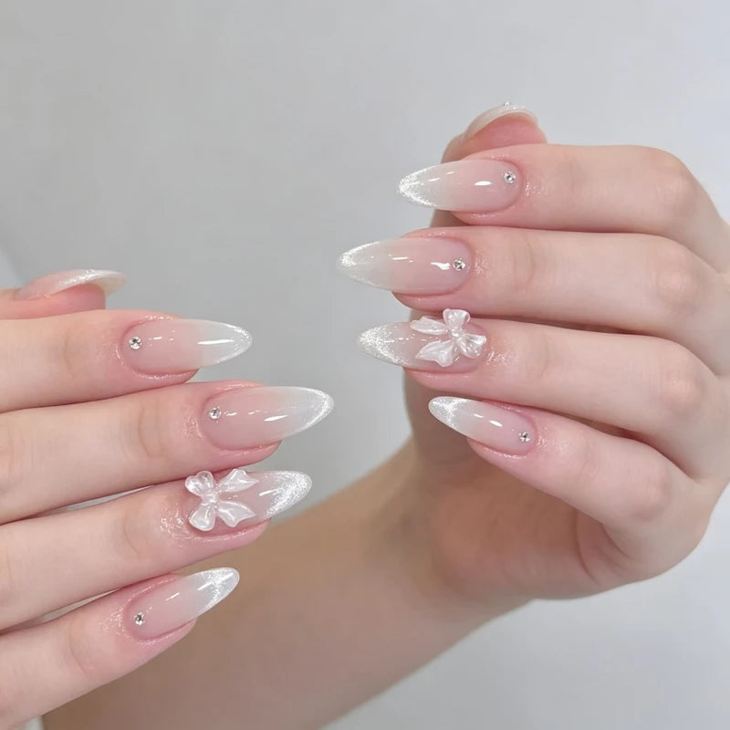 24Pcs French Press Nail Art Set with Diamond-Pointed Bow Knots for Women & Girls - Almond Shape