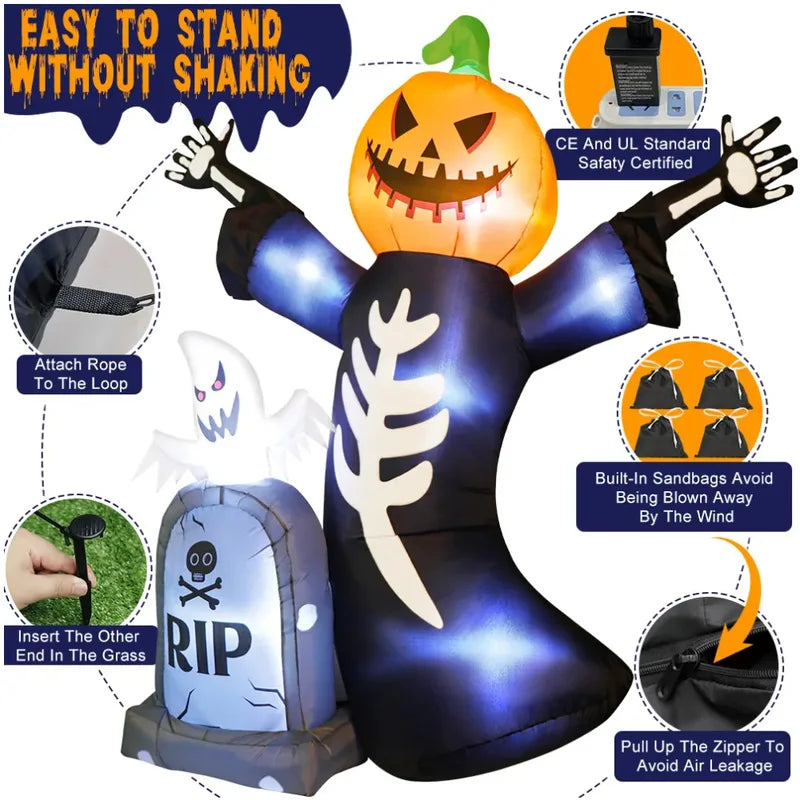Inflatable Halloween Decor Tombstone Ghost Pumpkin Skull Outdoor Yard Prop Set