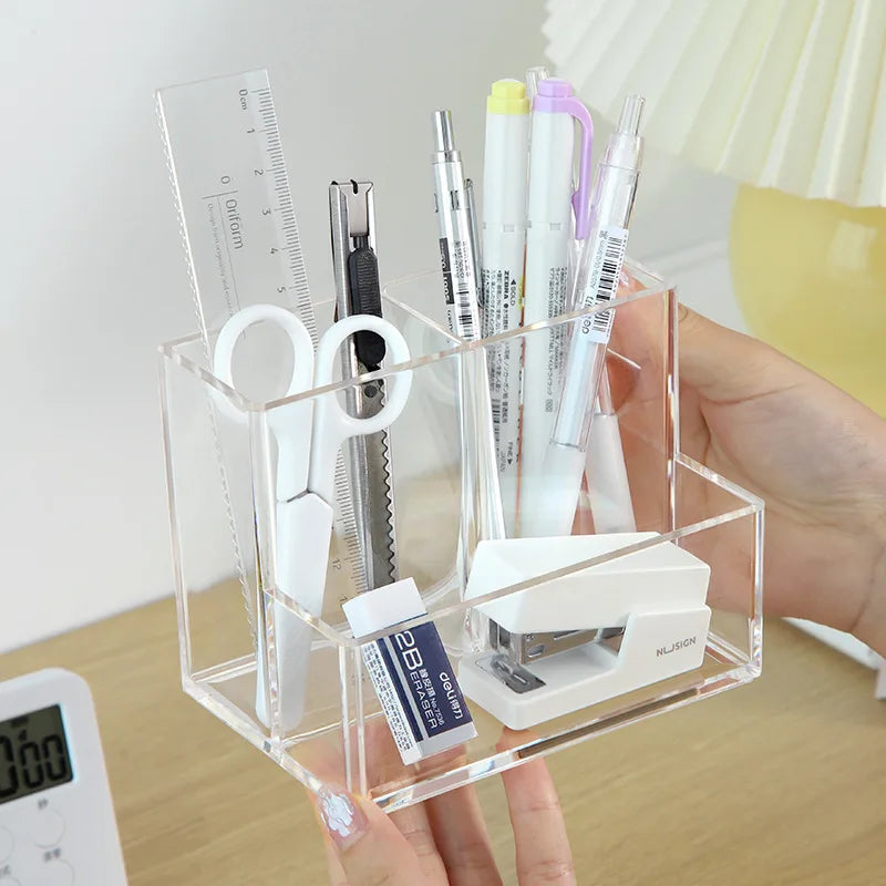 Transparent 3-Grid Makeup & Pen Organizer Box - Reusable Cosmetic Storage Bin