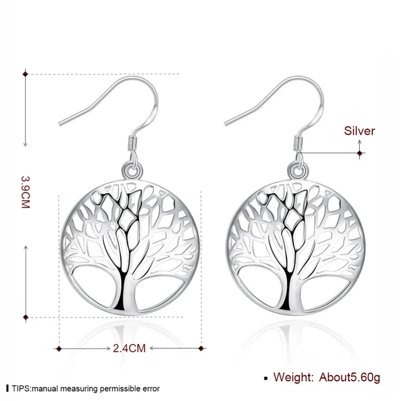 925 Sterling Silver Earrings for Women Hollow Carved Round Tree Christmas Gift Jewelry
