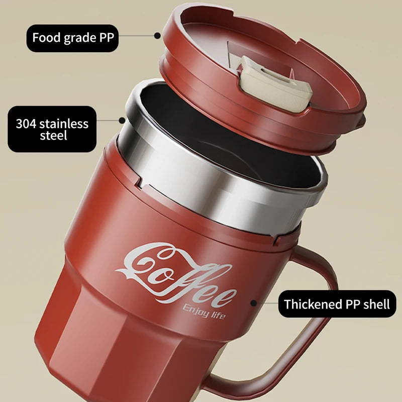 Stainless Steel Double Layer Coffee Mug with Lid & Handle - Reusable Drinkware