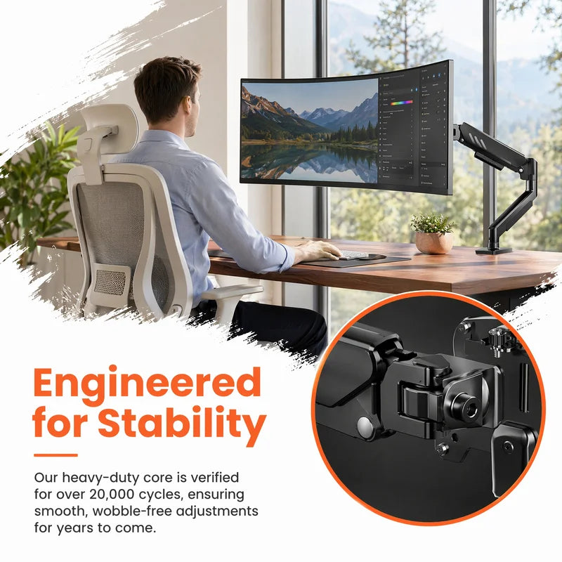 Adjustable Monitor Arm for 13-34 Inch Screens, Gas Spring Desk Mount, VESA Compatible, Clamp or Grommet Base
