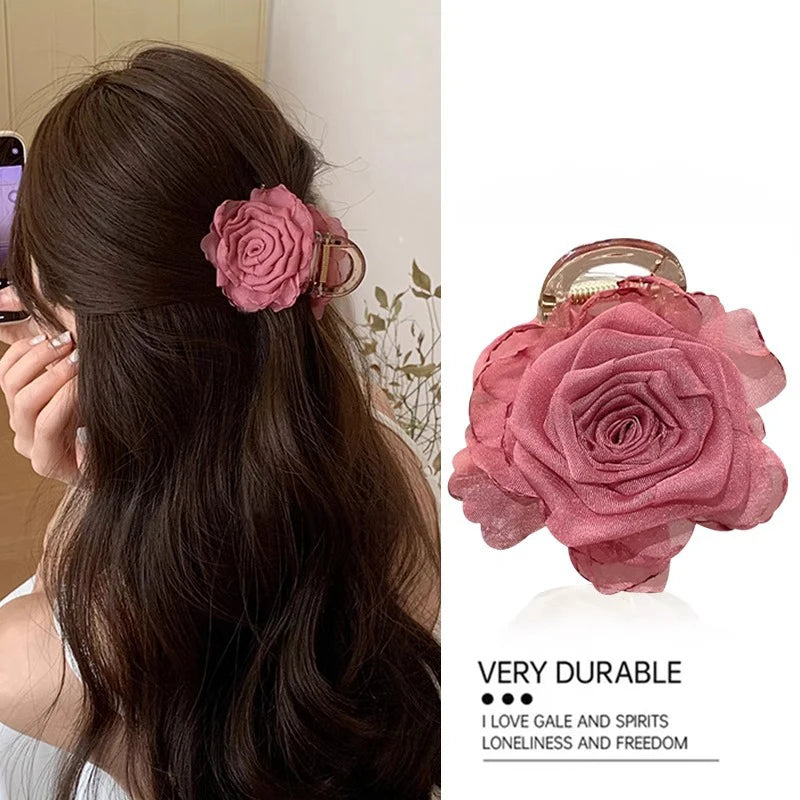 Elegant Rose Flower Hair Claw for Women Girls Floral Hair Accessory - 8cm
