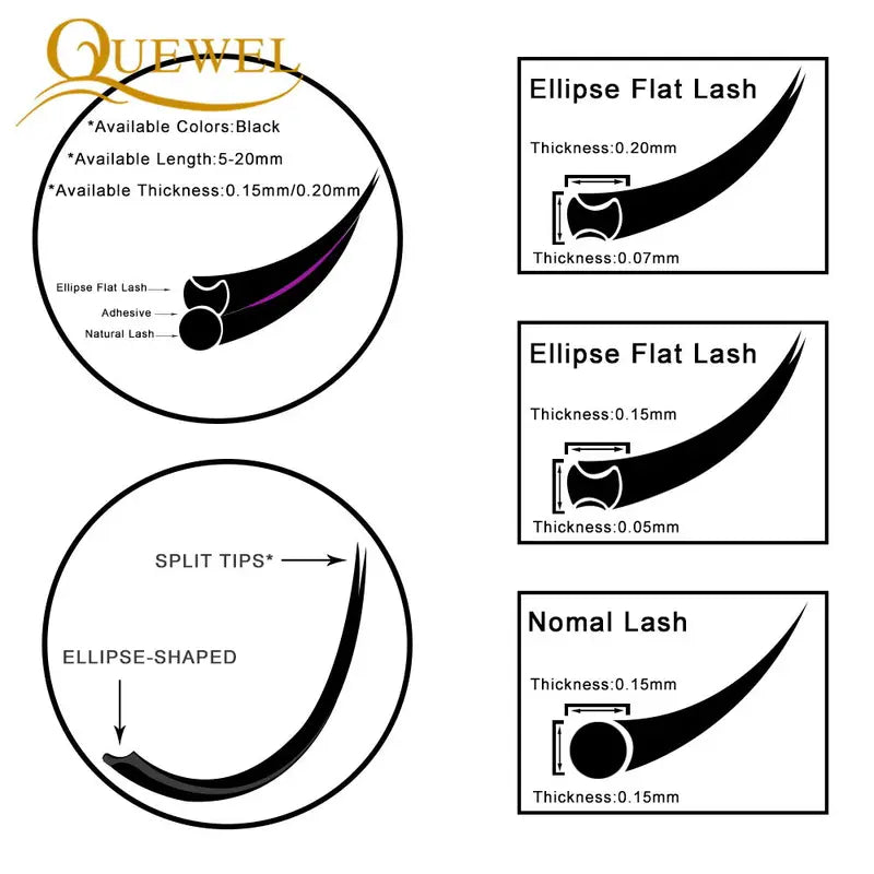 Flat Lash Extensions for Professionals - Ellipse Flat C/D Curl, 0.15/0.20mm, 17mm & More