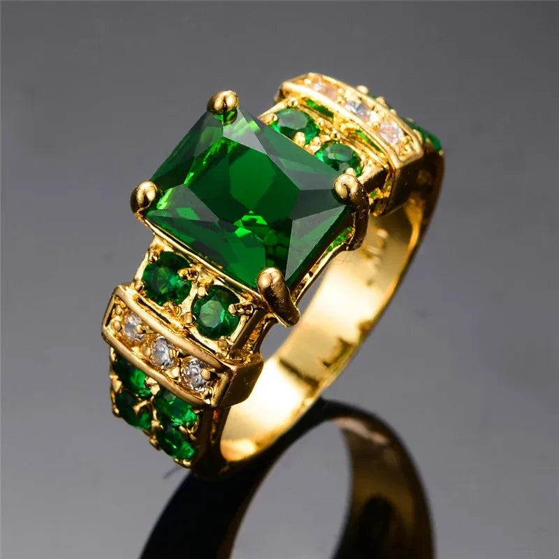 Green Crystal Ring Charm Gold Tone Wedding Engagement Jewelry for Women