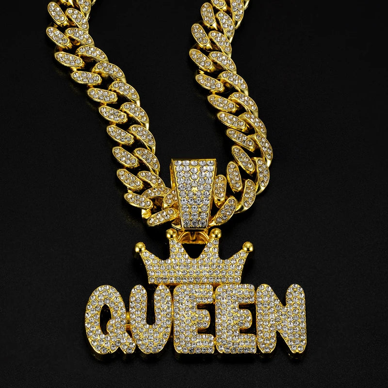 Men's Hip Hop Crown Pendant Necklace with QUEEN Letter Cuban Chain Bling Jewelry