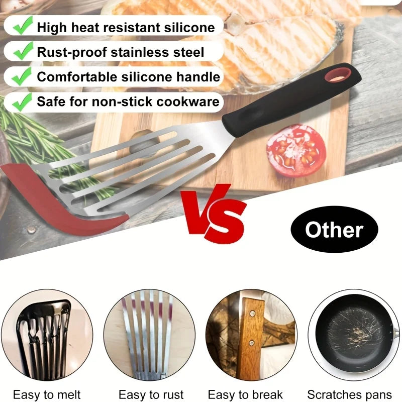 Stainless Steel Silicone Spatula High Temperature Cooking Fish Flipper Kitchen Utensil